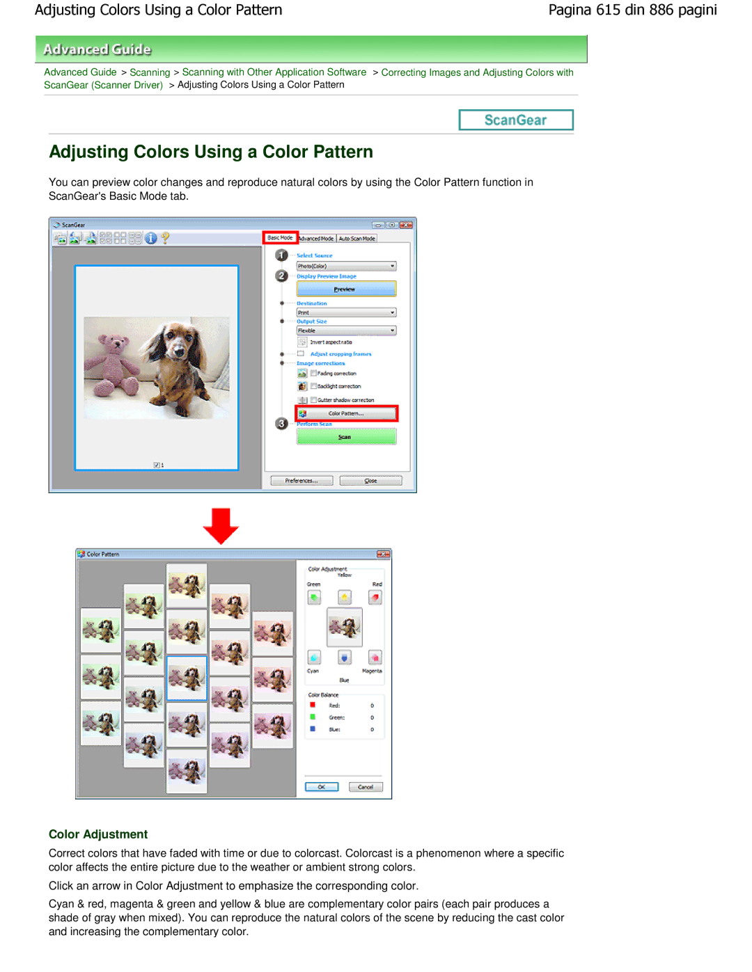 Canon MP550 manual Adjusting Colors Using a Color Pattern, Color Adjustment, Increasing the complementary color 