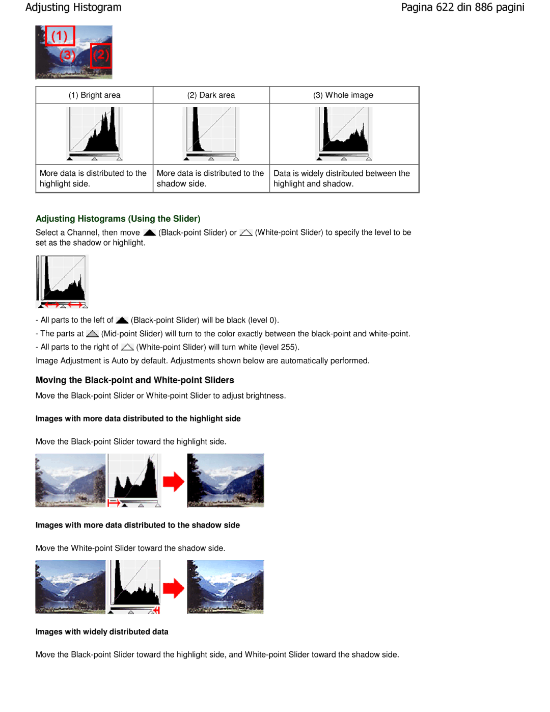 Canon MP550 manual Adjusting Histograms Using the Slider, Moving the Black-point and White-point Sliders 