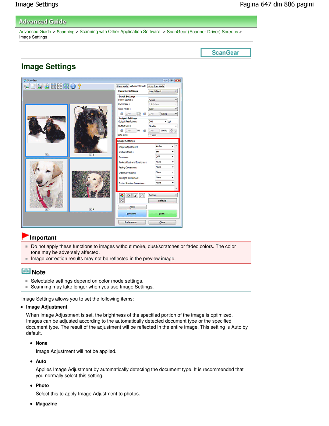 Canon MP550 Image Settings, Image Adjustment will not be applied, Select this to apply Image Adjustment to photos 