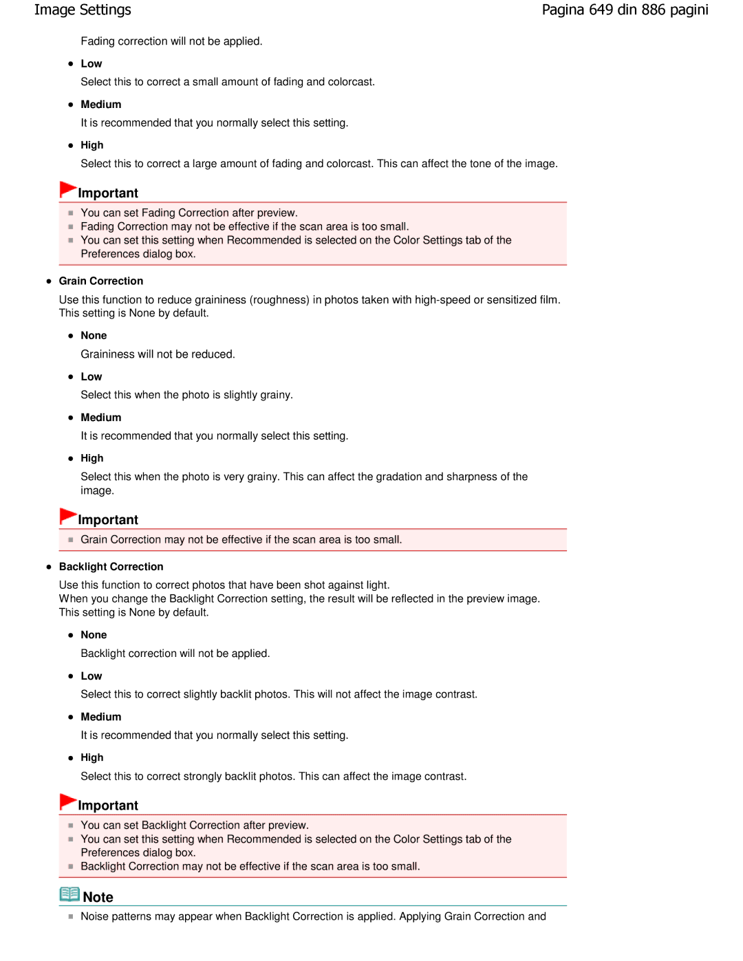 Canon MP550 manual Fading correction will not be applied, Grain Correction, Graininess will not be reduced 
