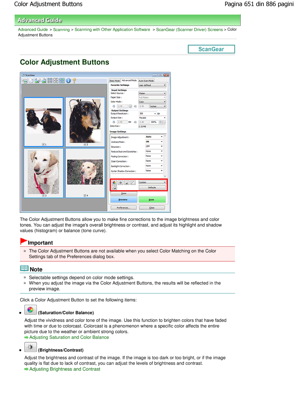 Canon MP550 manual Color Adjustment Buttons, Saturation/Color Balance, Brightness/Contrast 