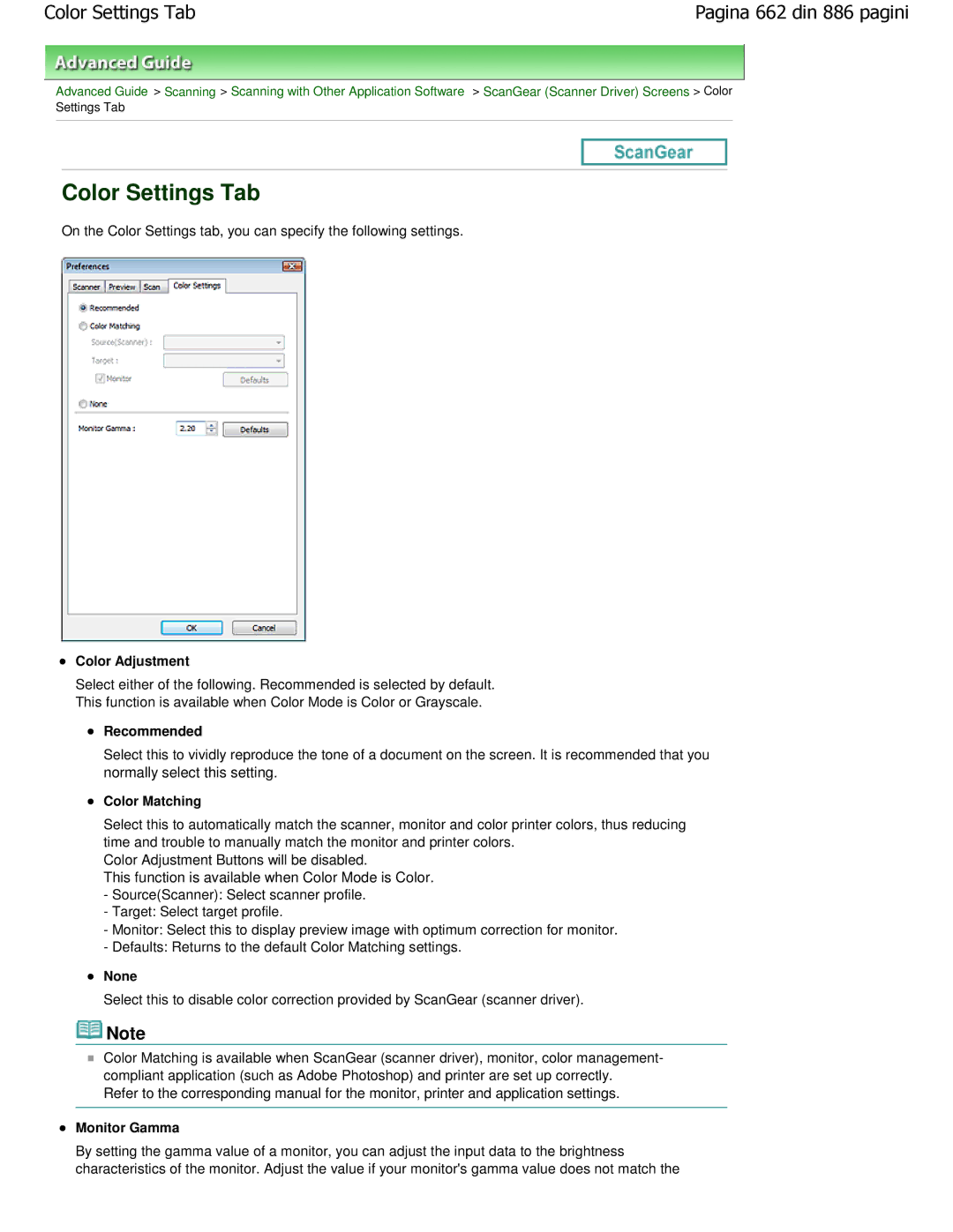 Canon MP550 manual Color Settings Tab, Color Adjustment, Recommended, Color Matching, Monitor Gamma 