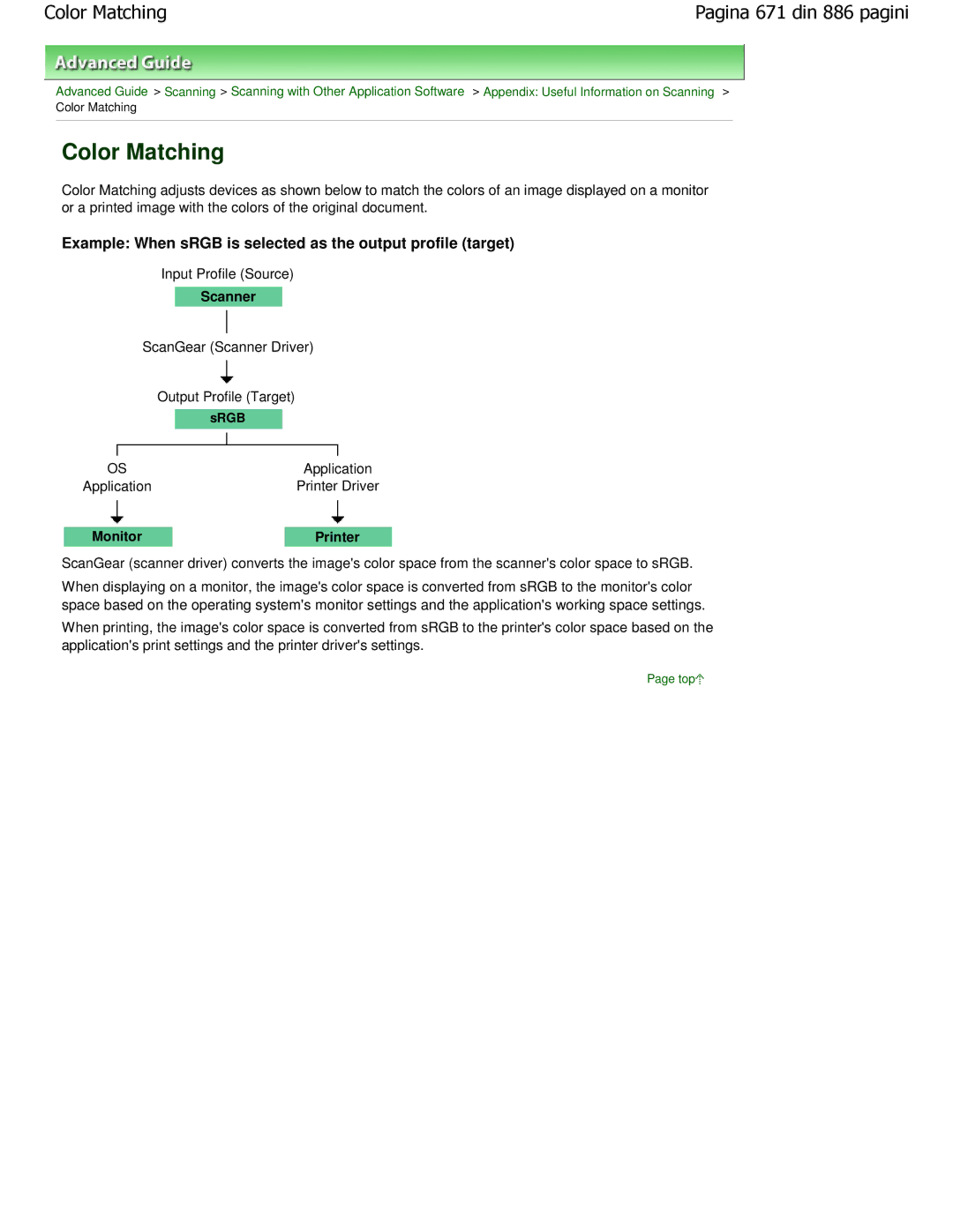 Canon MP550 manual Color Matching, Example When sRGB is selected as the output profile target, Scanner, Monitor 