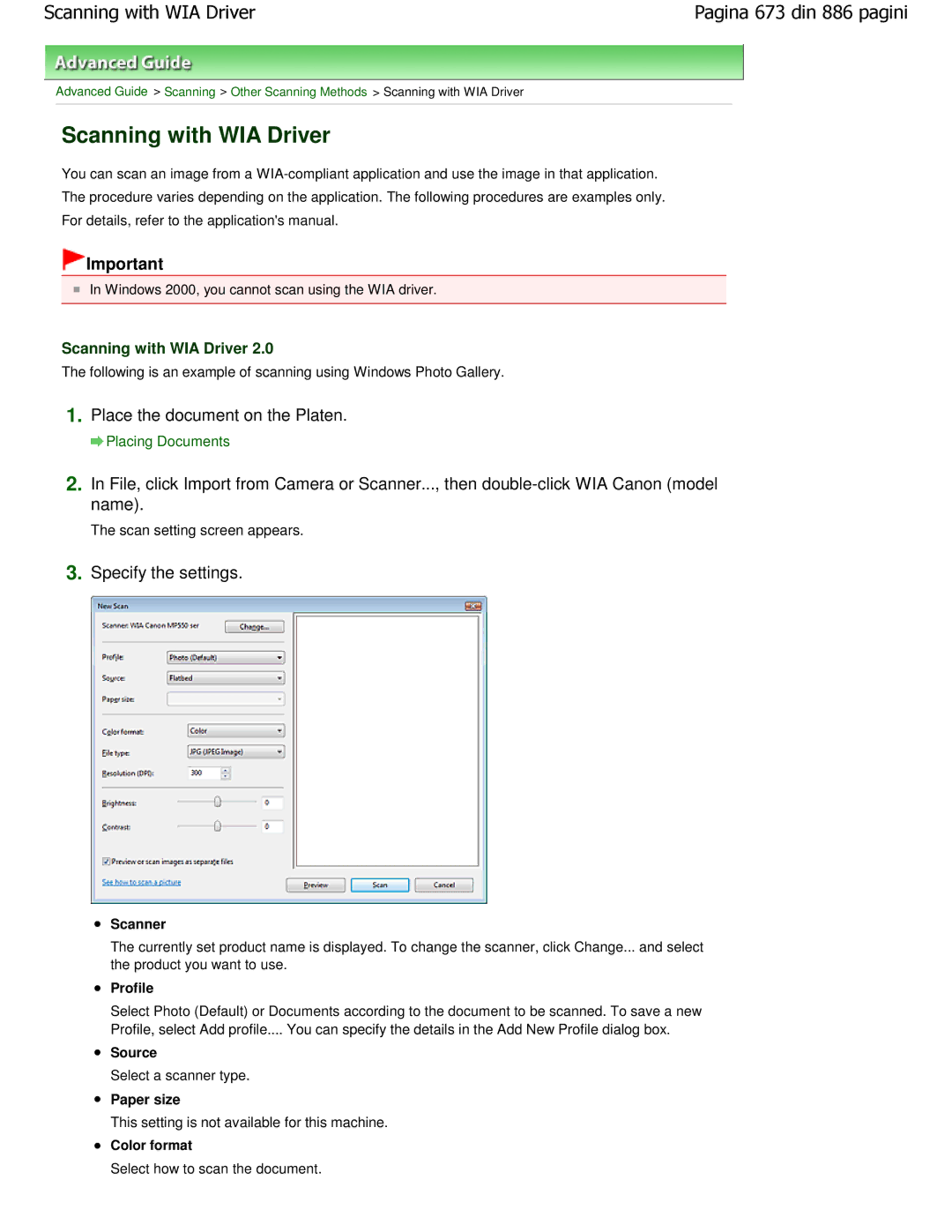 Canon MP550 manual Scanning with WIA Driver, Specify the settings 