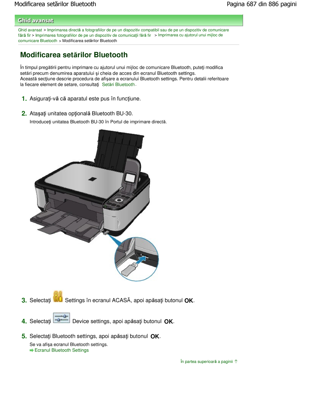 Canon MP550 manual Modificarea setărilor Bluetooth, Se va afiẟa ecranul Bluetooth settings, Ecranul Bluetooth Settings 