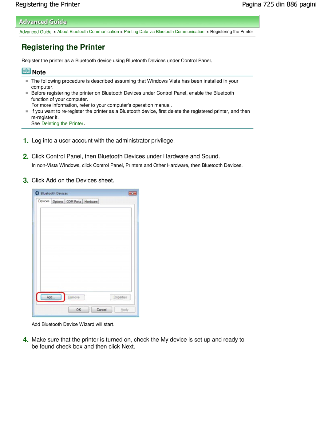 Canon MP550 manual Registering the Printer, Click Add on the Devices sheet, See Deleting the Printer 