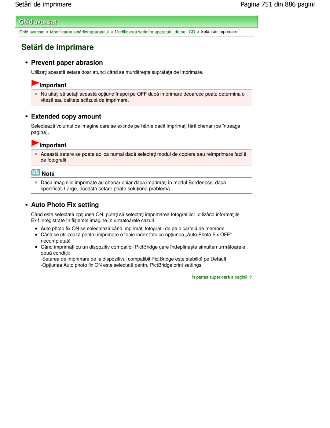 Canon MP550 manual Setări de imprimare, Prevent paper abrasion, Extended copy amount, Auto Photo Fix setting 
