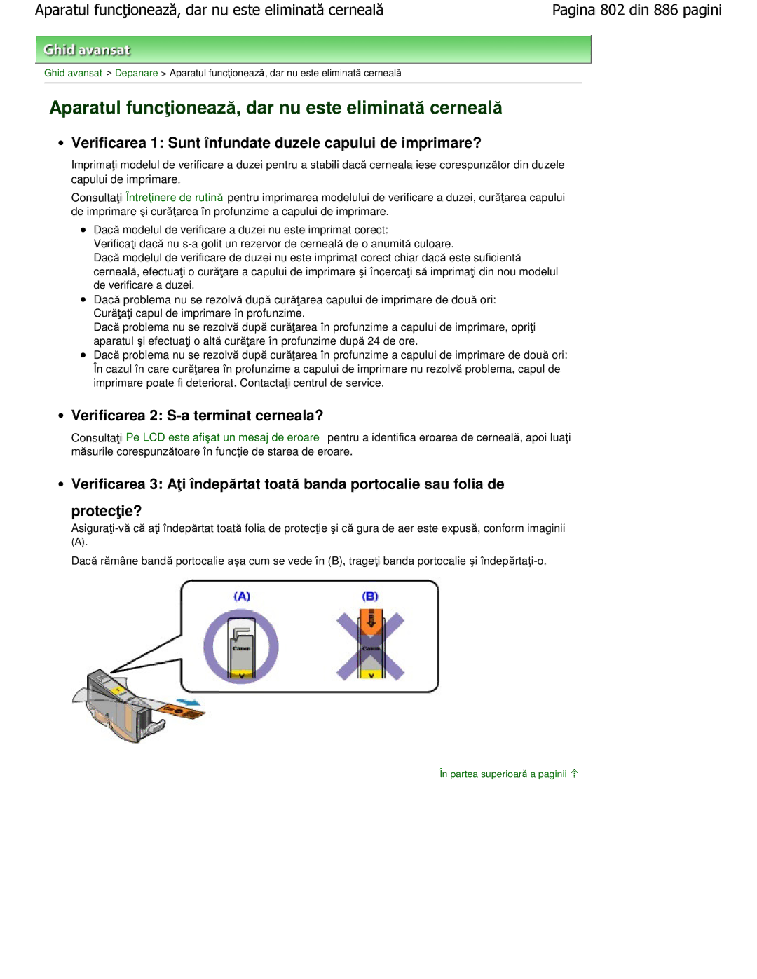 Canon MP550 manual Aparatul funcţionează, dar nu este eliminată cerneală, Verificarea 2 S-a terminat cerneala? 