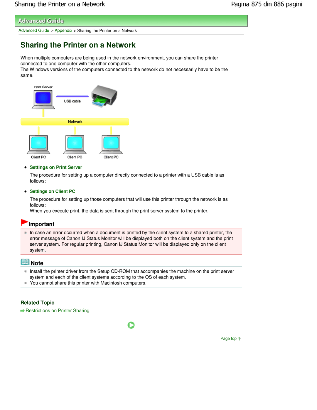 Canon MP550 manual Sharing the Printer on a Network, Restrictions on Printer Sharing 