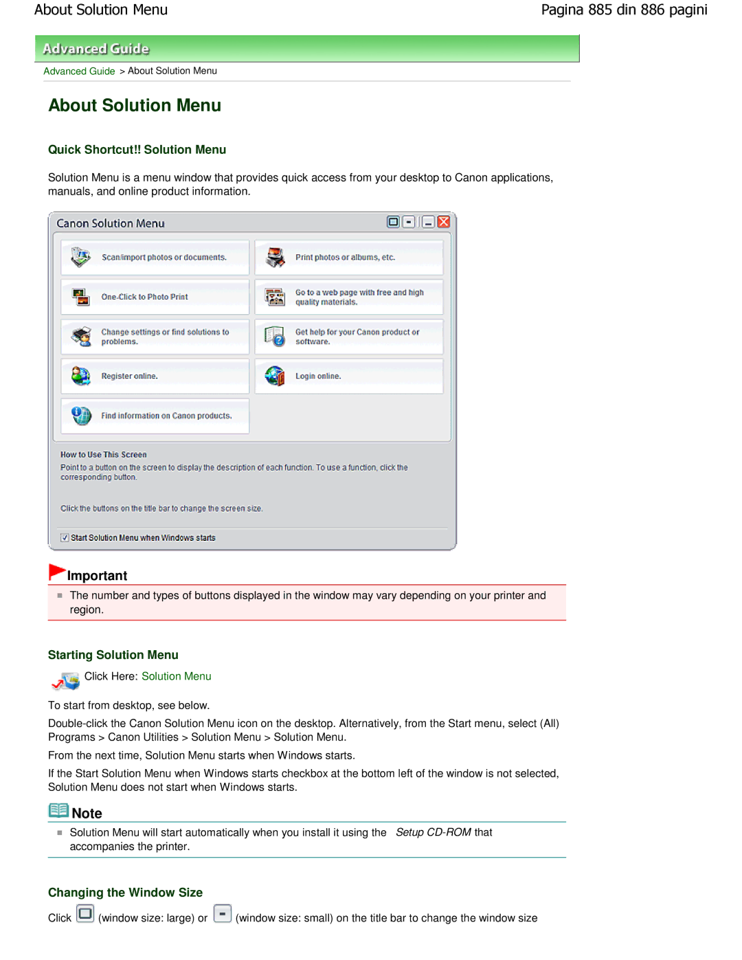 Canon MP550 manual About Solution Menu, Quick Shortcut!! Solution Menu, Starting Solution Menu, Changing the Window Size 