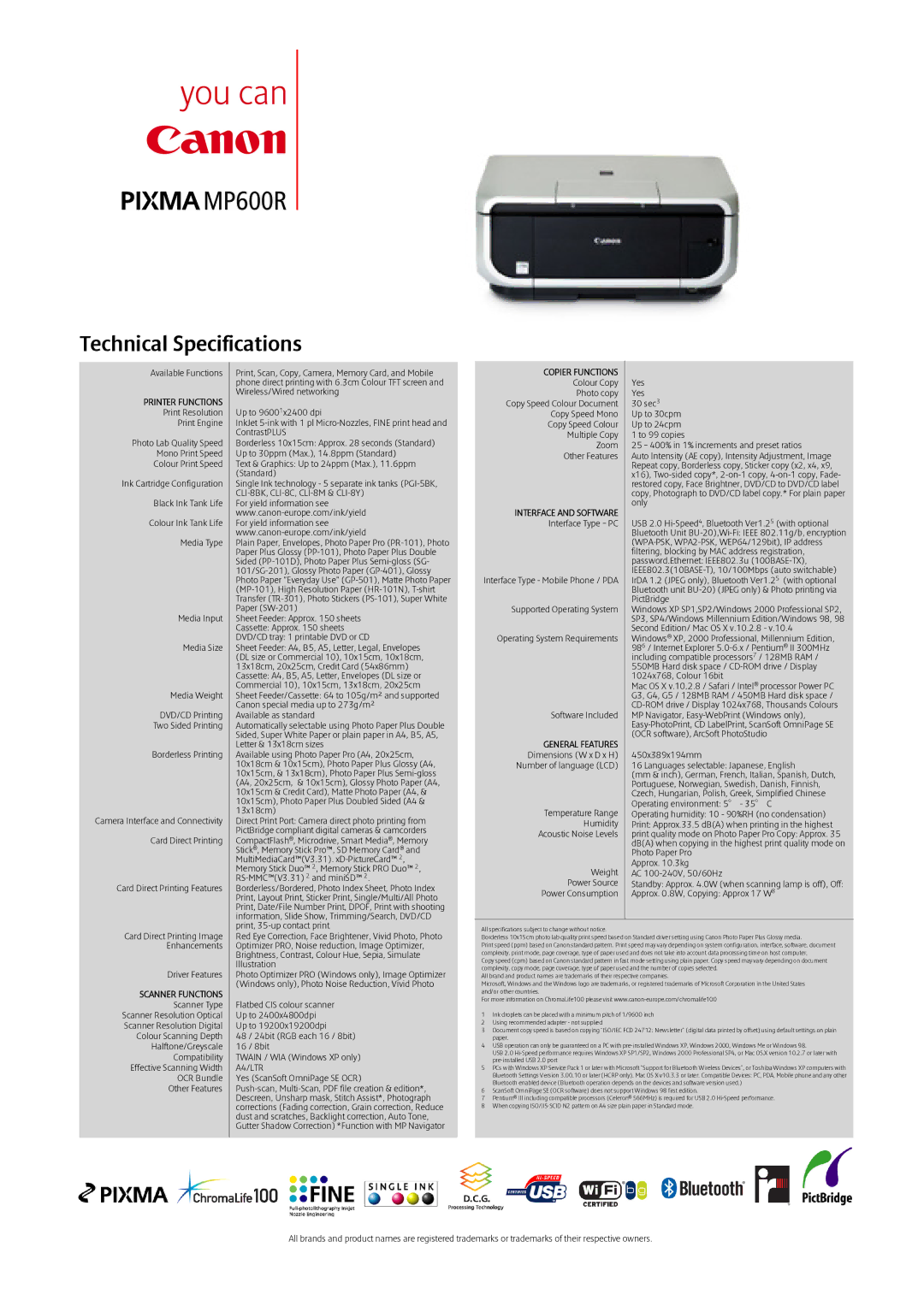 Canon MP600R specifications Technical Specifications, Interface and Software, General Features 