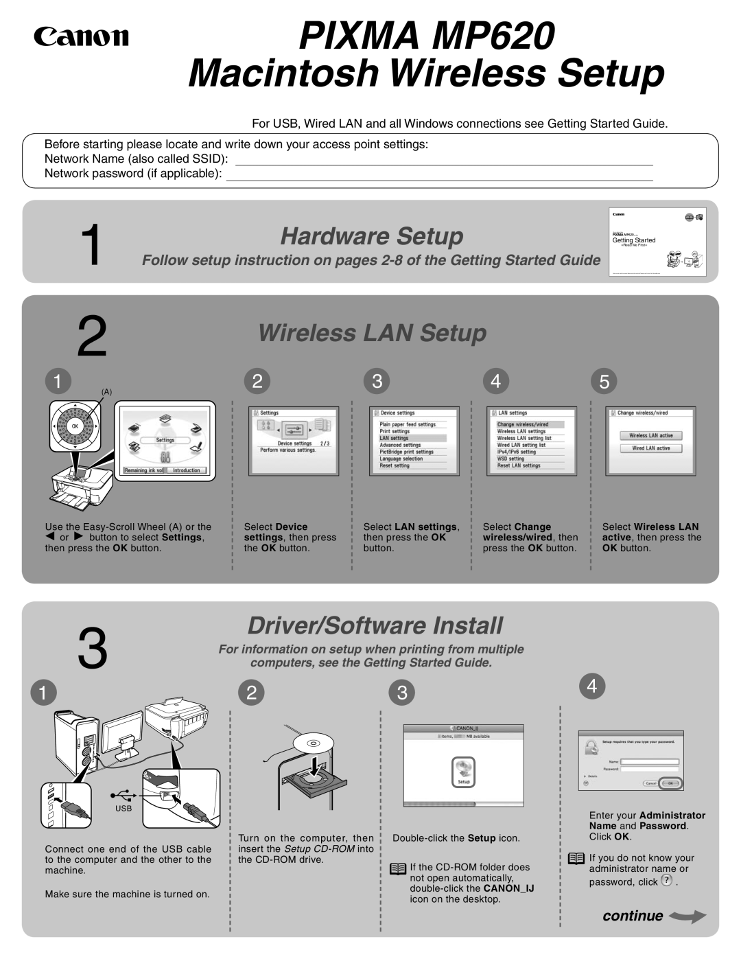 Canon MP620 manual Hardware Setup, Wireless LAN Setup, Driver/Software Install 