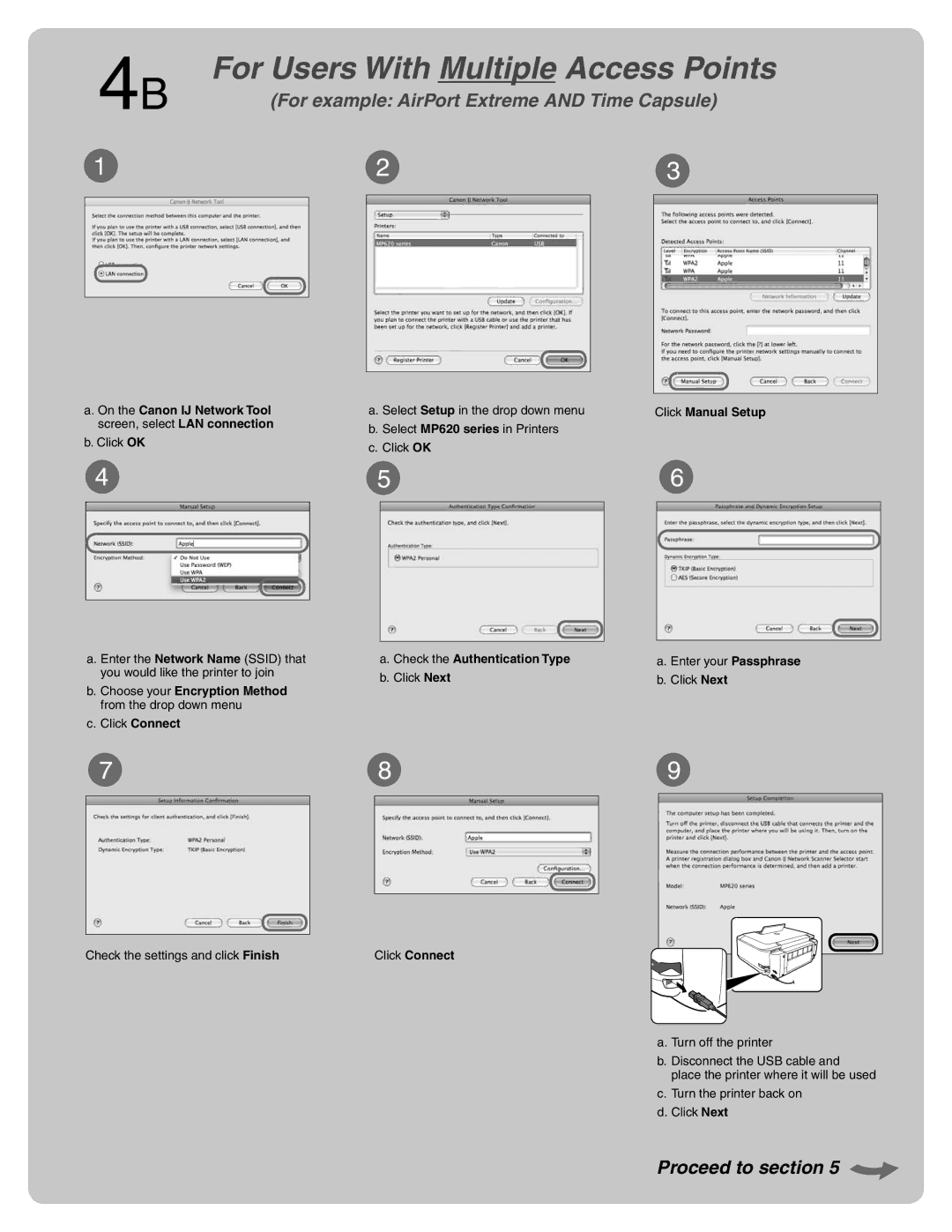 Canon MP620 manual For Users With Multiple Access Points, Click Manual Setup, Click Connect Check the Authentication Type 