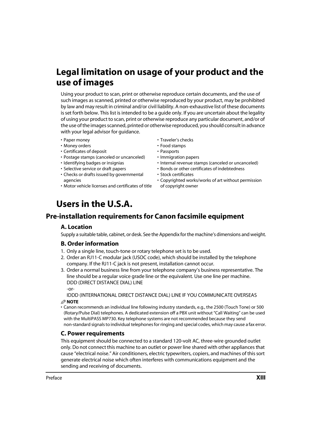 Canon MP700 Users in the U.S.A, Pre-installation requirements for Canon facsimile equipment, Location, Order information 