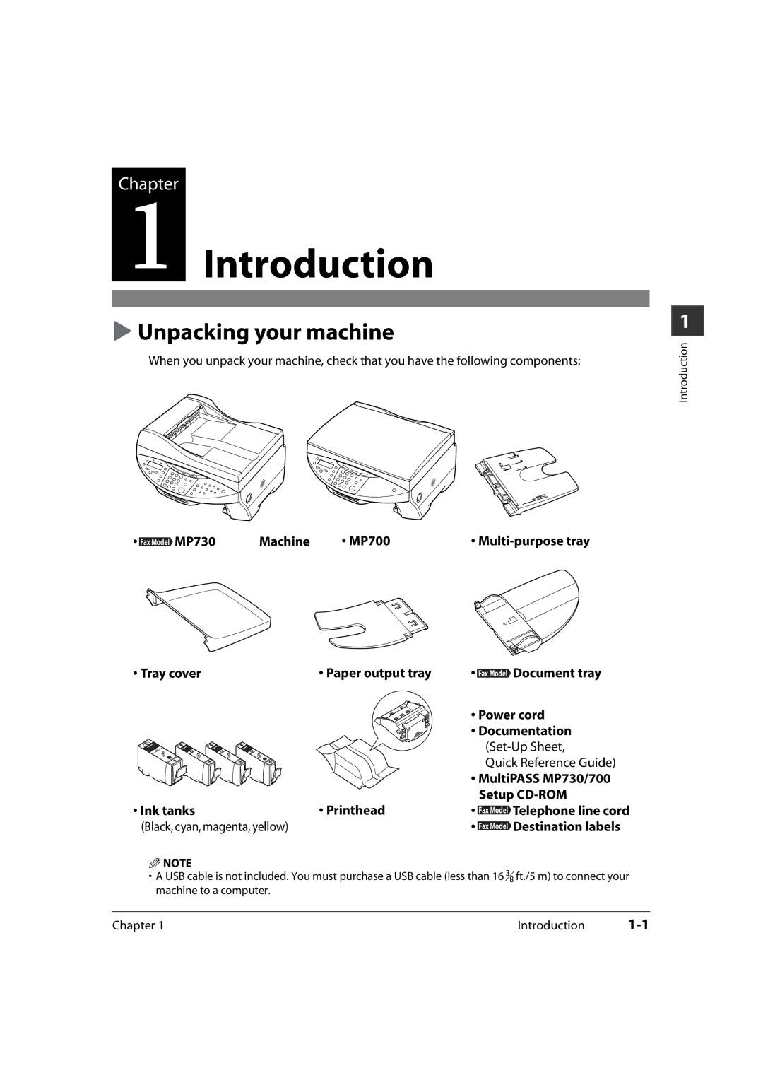 Canon MP700 Introduction, Unpacking your machine, Multi-purpose tray, Quick Reference Guide, Black, cyan, magenta, yellow 