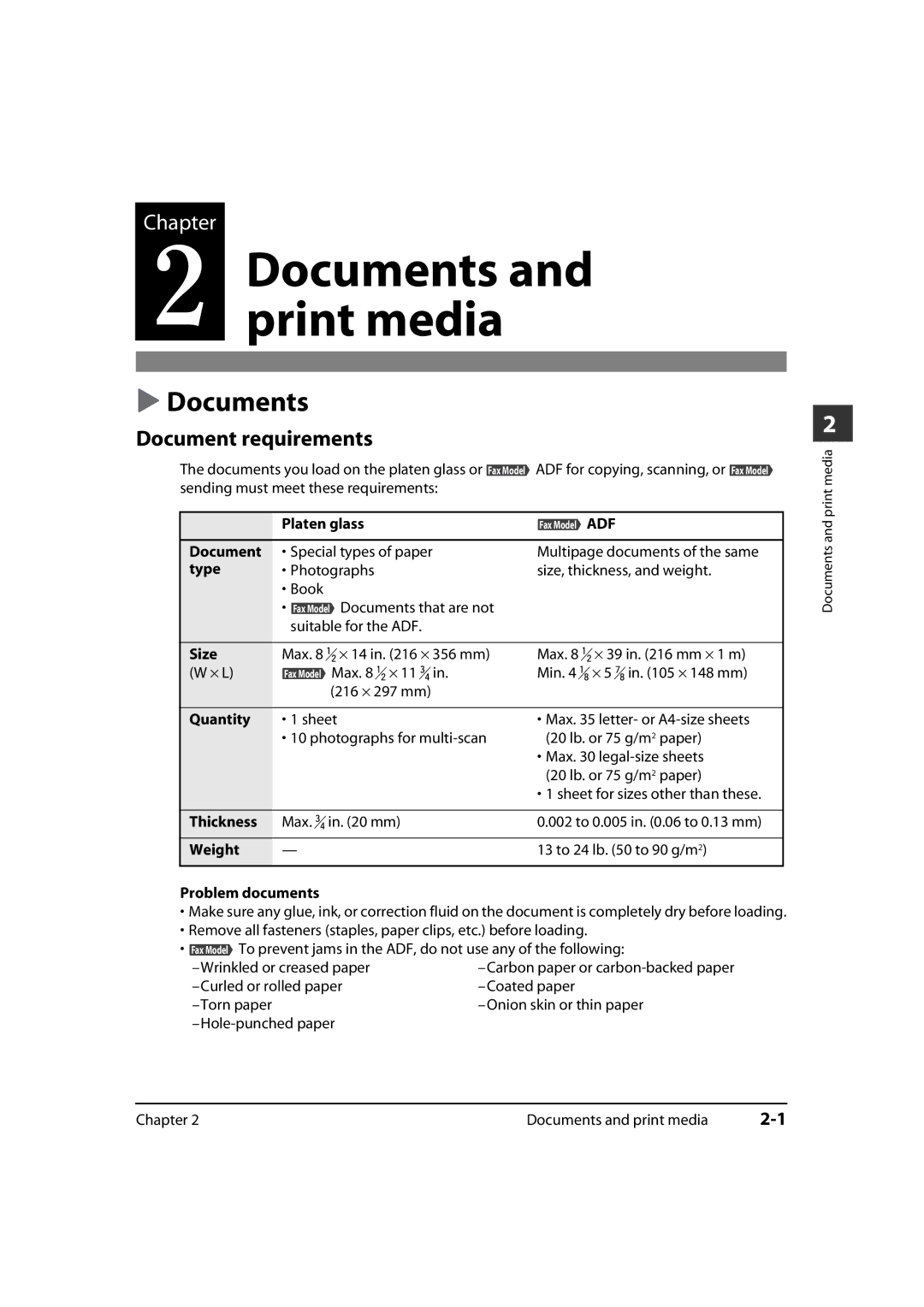 Canon MP700, MP730 manual Documents Print media, Document requirements 