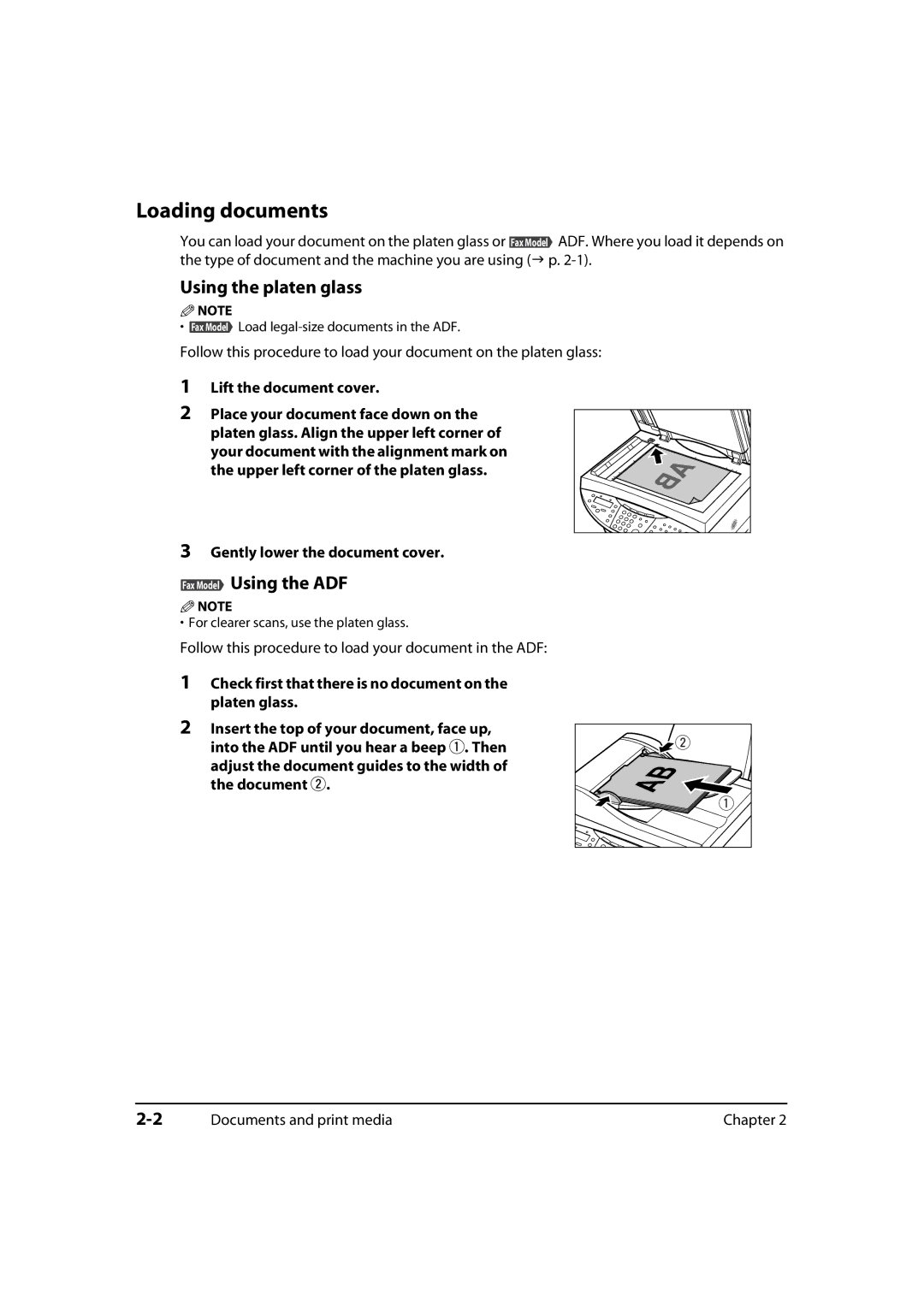 Canon MP730, MP700 Loading documents, Using the platen glass, Fax Model Using the ADF, Gently lower the document cover 