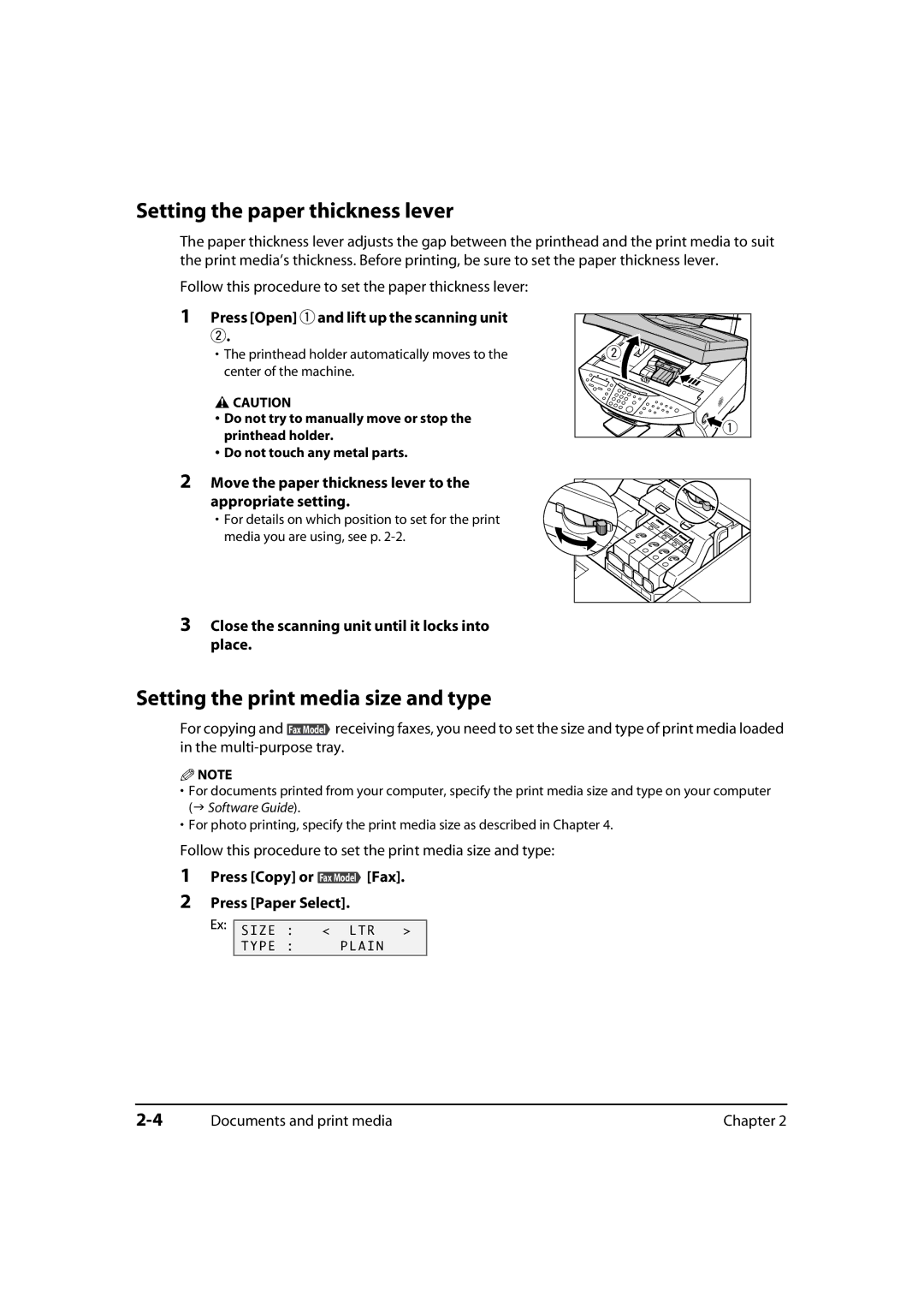 Canon MP730, MP700 manual Setting the paper thickness lever, Setting the print media size and type 