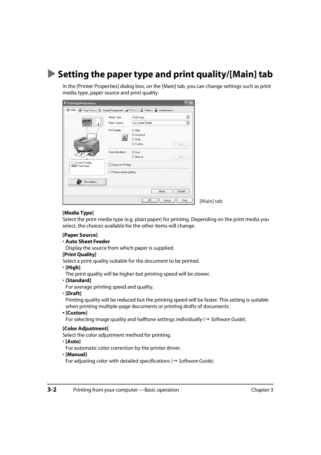 Canon MP730, MP700 manual Setting the paper type and print quality/Main tab 