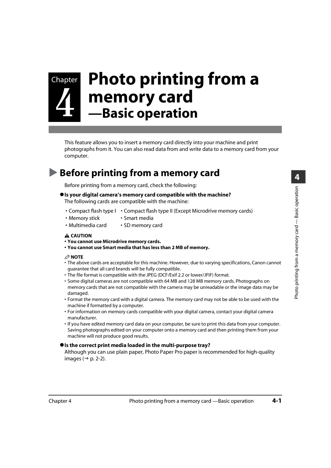 Canon MP700, MP730 manual Photo printing from a, Memory card, Before printing from a memory card 