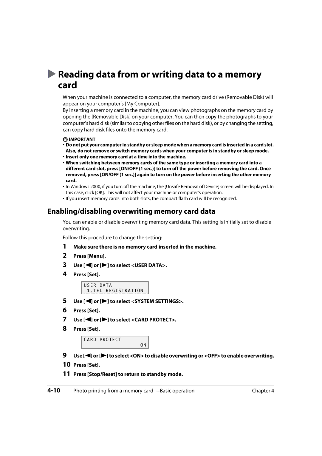 Canon MP730, MP700 Reading data from or writing data to a memory card, Enabling/disabling overwriting memory card data 