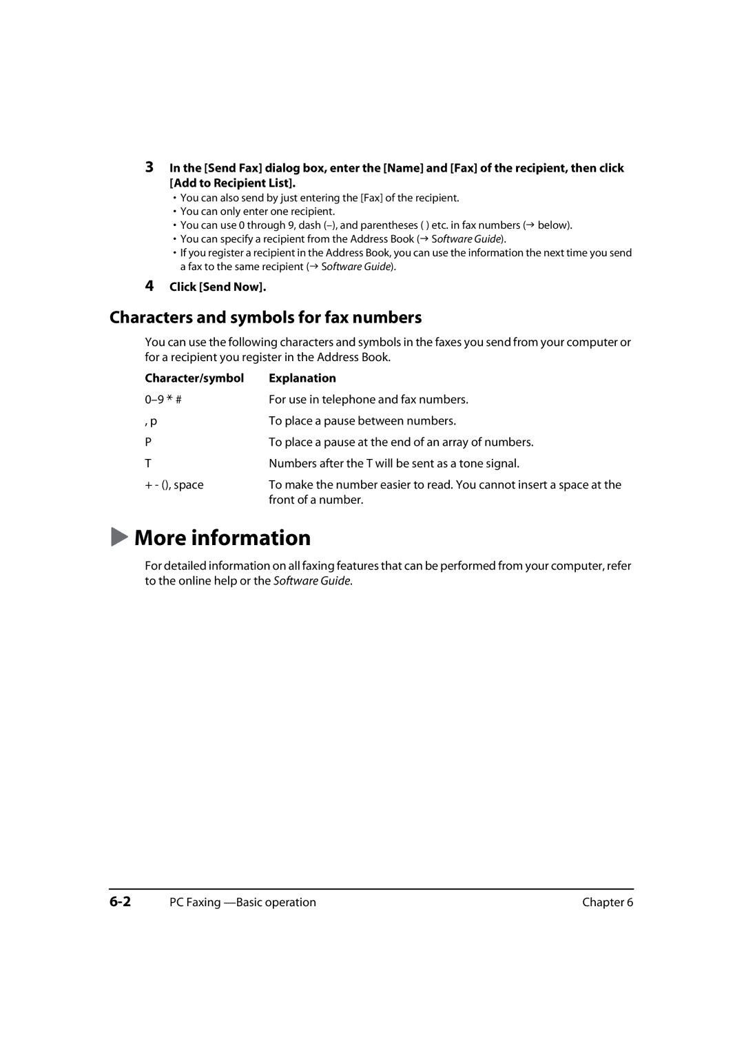 Canon MP730, MP700 manual Characters and symbols for fax numbers, Click Send Now, Character/symbol Explanation 