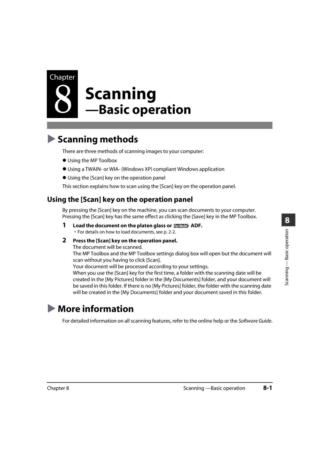 Canon MP700, MP730 manual Scanning methods, Using the Scan key on the operation panel 