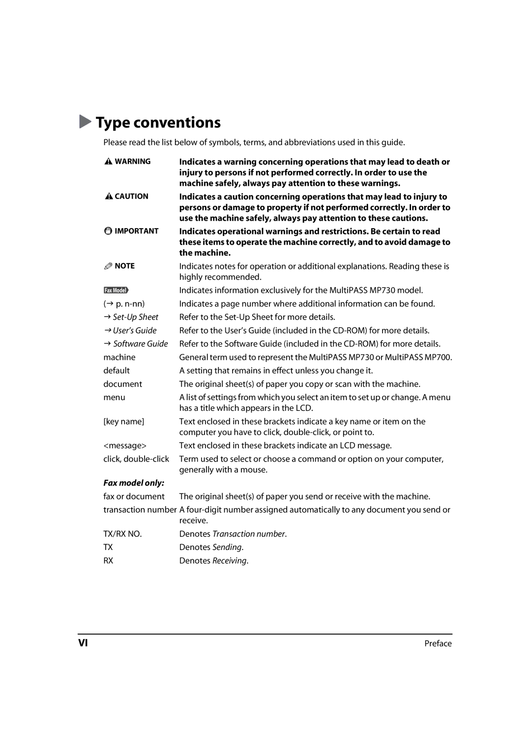 Canon MP730, MP700 manual Type conventions, Machine safely, always pay attention to these warnings 