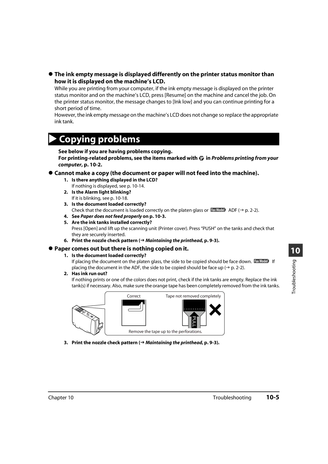 Canon MP700 10-5, Paper comes out but there is nothing copied on it, Is the document loaded correctly?, Has ink run out? 