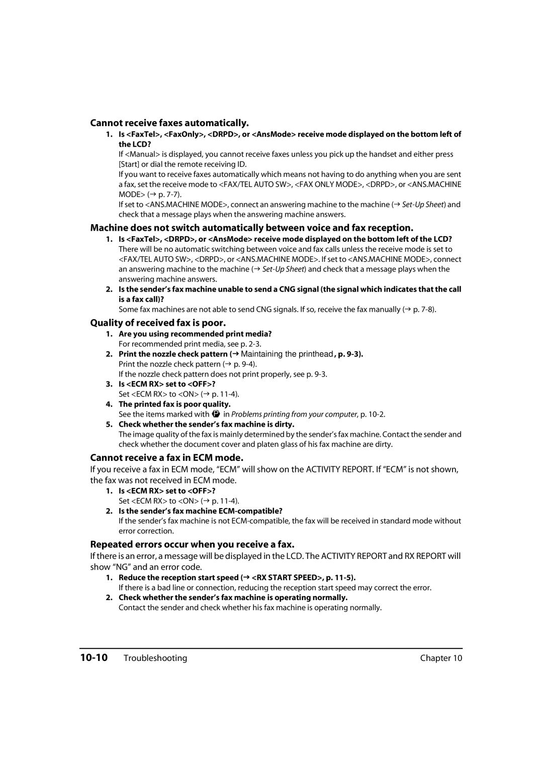 Canon MP730, MP700 Cannot receive faxes automatically, Quality of received fax is poor, Cannot receive a fax in ECM mode 