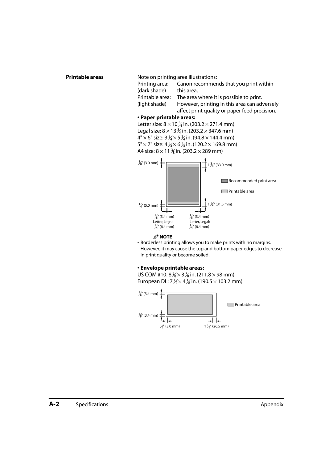 Canon MP730, MP700 manual Printable areas, Paper printable areas, Envelope printable areas 