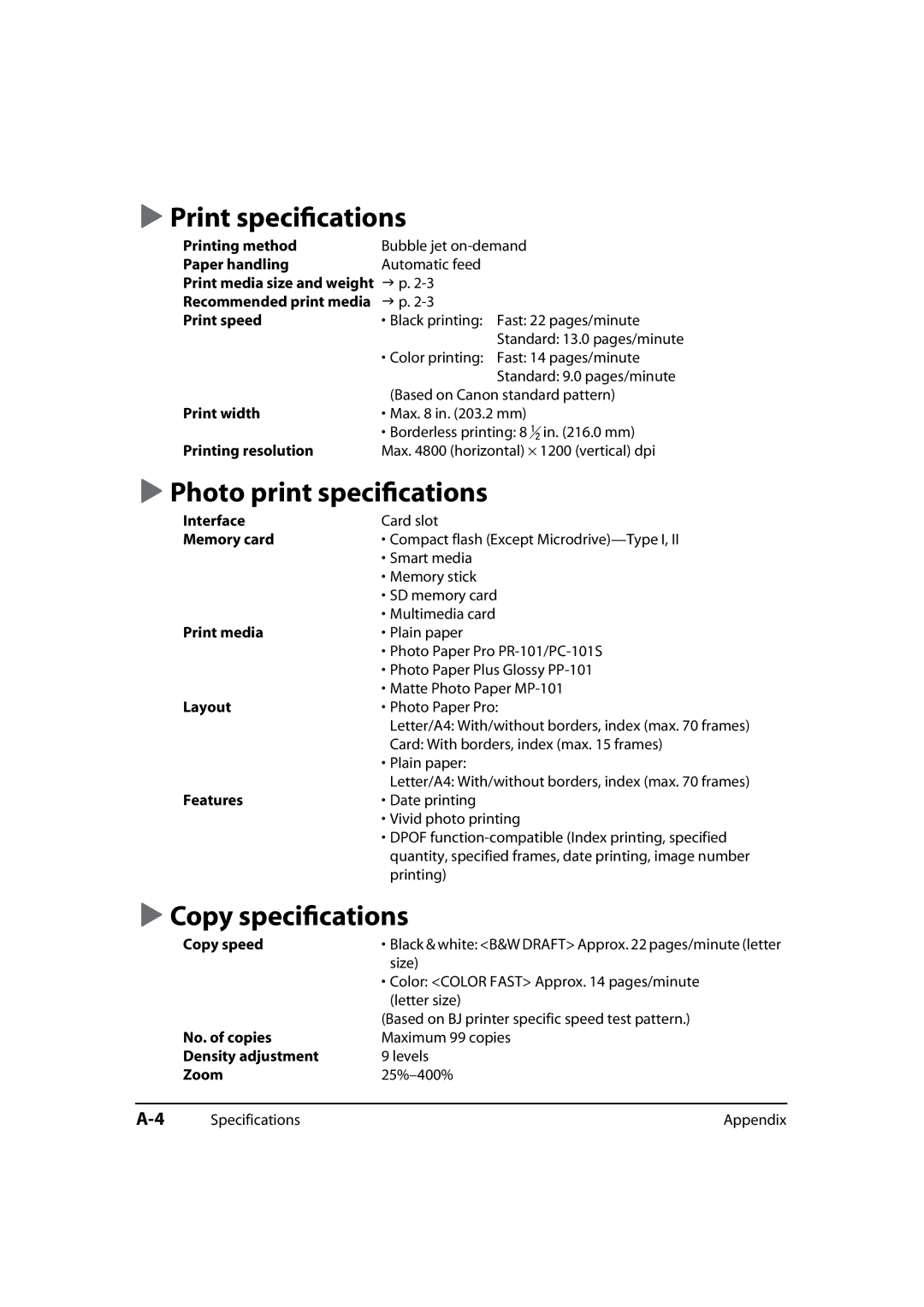 Canon MP730, MP700 manual Print speciﬁcations, Photo print speciﬁcations, Copy speciﬁcations 