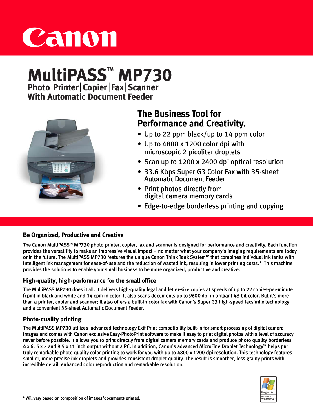 Canon manual MultiPASS TM MP730, The Business Tool for Performance and Creativity, Photo-quality printing, Preliminary 