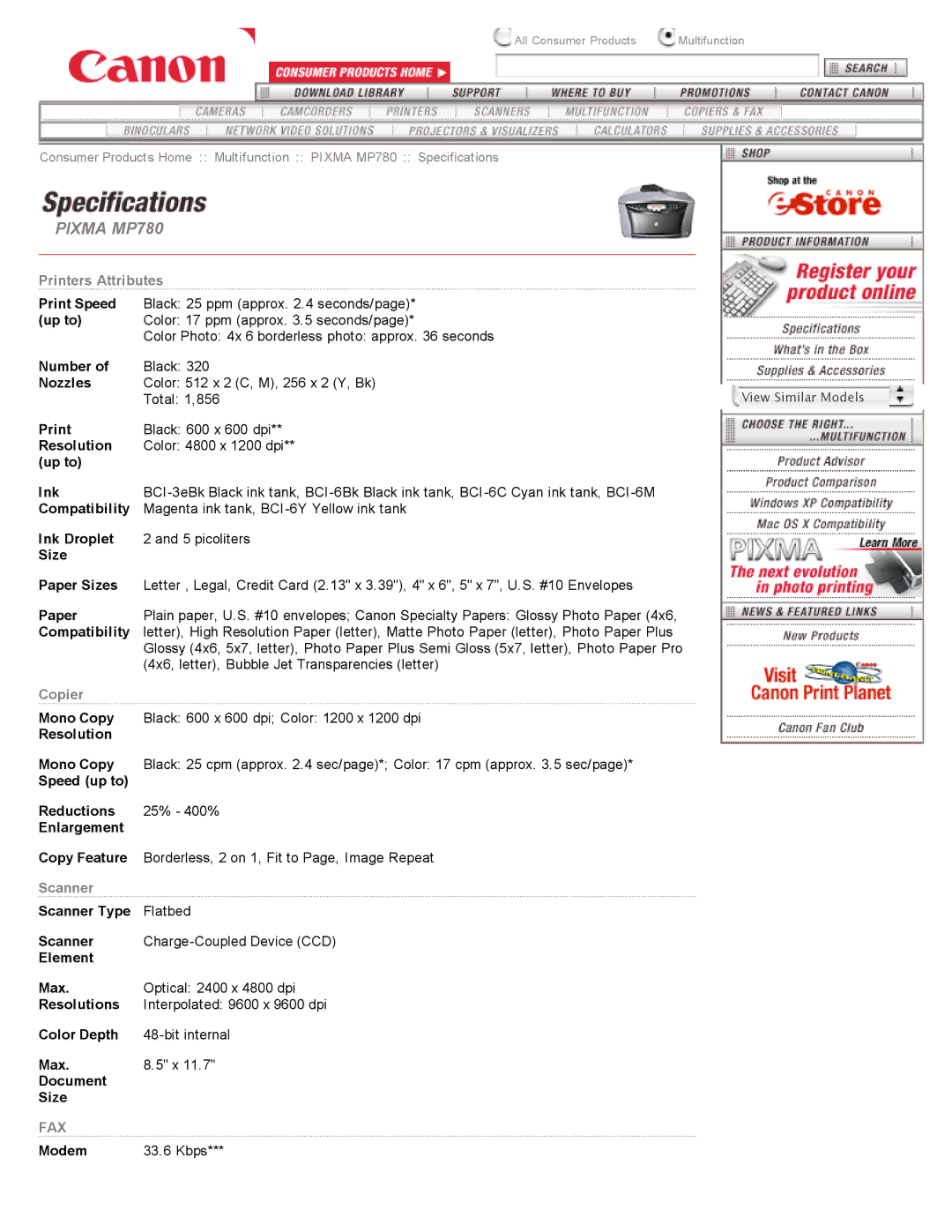 Canon specifications Pixma MP780, Printers Attributes, Copier, Scanner, Fax 