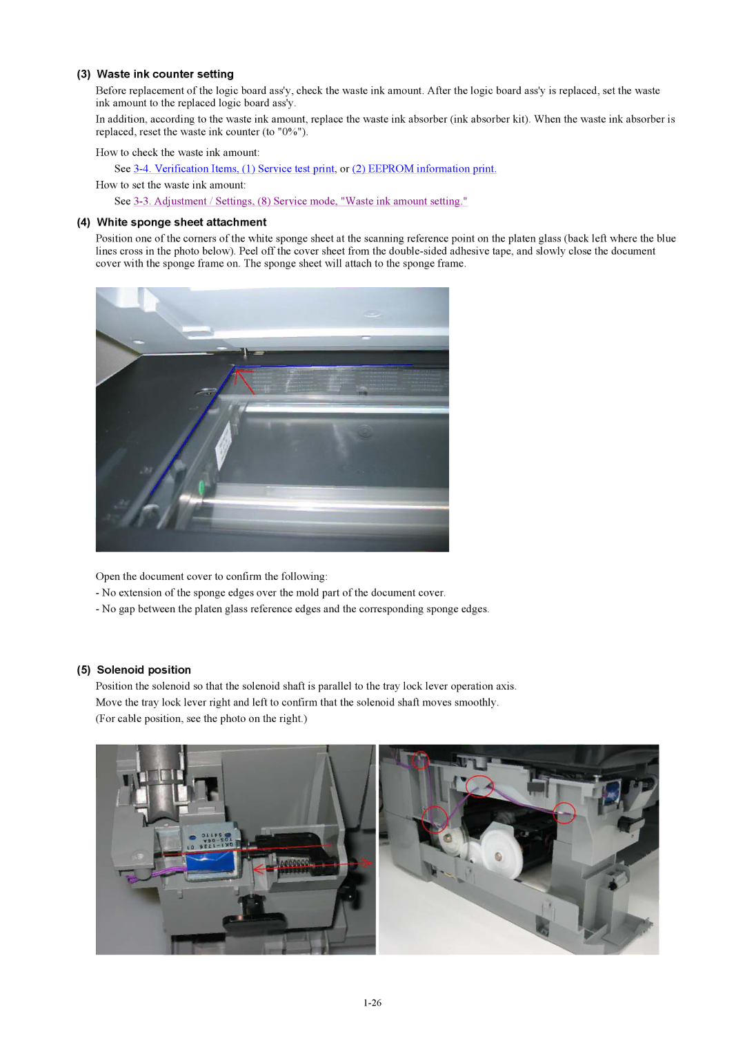 Canon MP800 manual Waste ink counter setting, White sponge sheet attachment, Solenoid position 