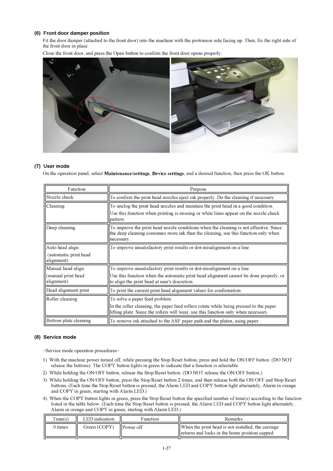 Canon MP800 manual Front door damper position, User mode, Service mode 