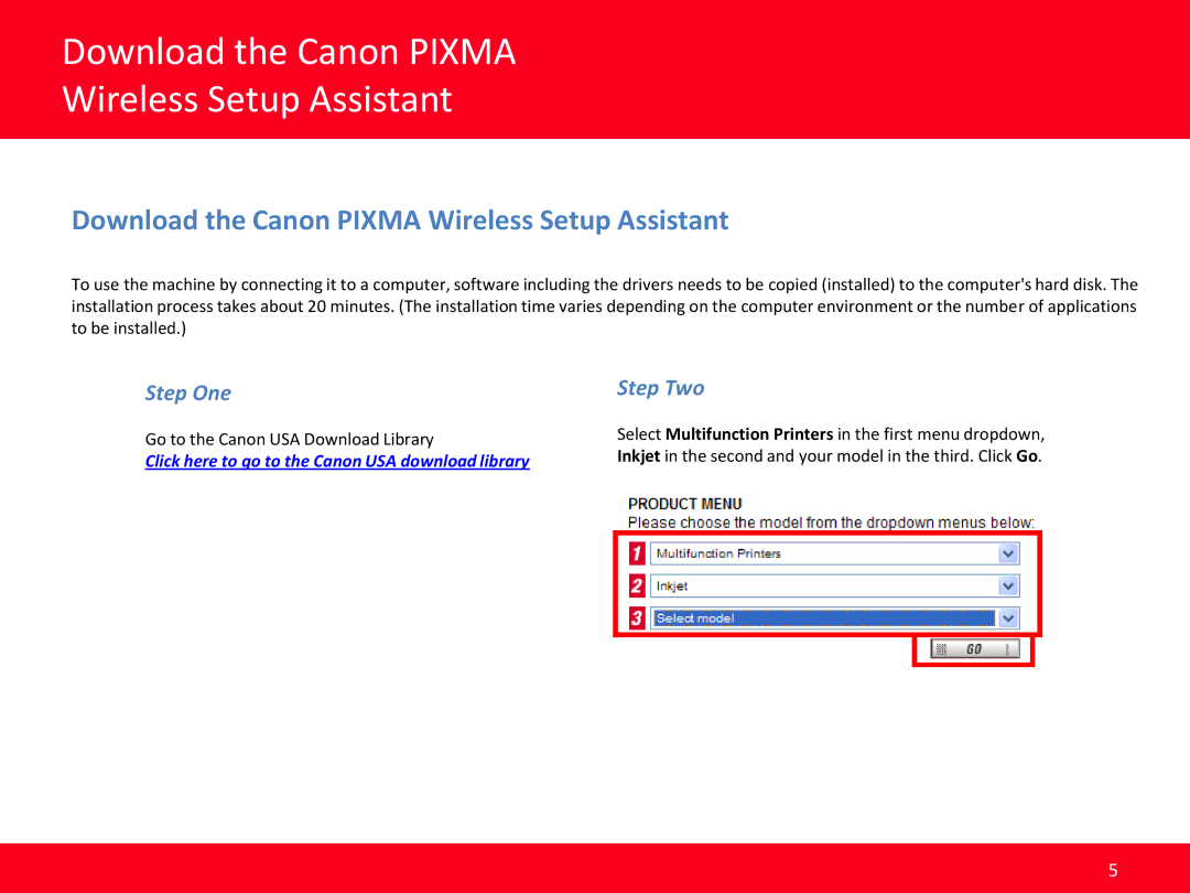 Canon MX640, MP990, MP560 manual Download the Canon Pixma Wireless Setup Assistant, Step One, Step Two 