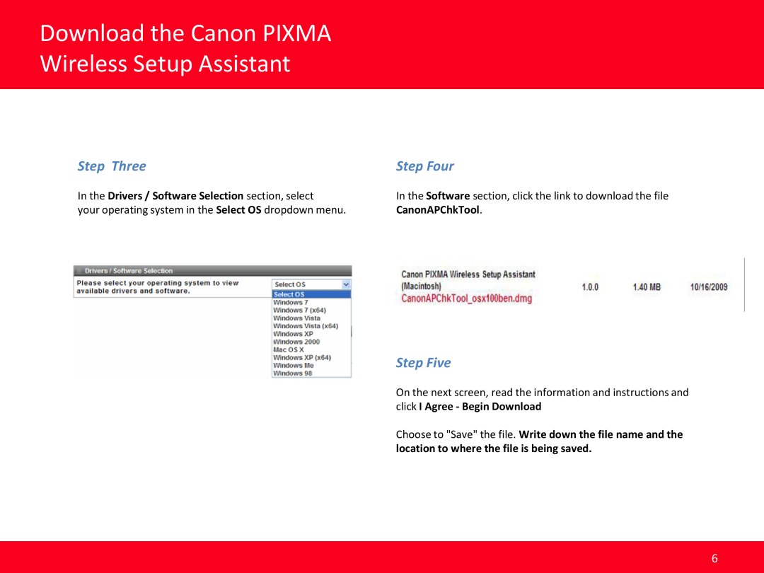 Canon MP990, MP560, MX640 manual Step Three, Step Four, Step Five, Download the Canon PIXMA Wireless Setup Assistant 