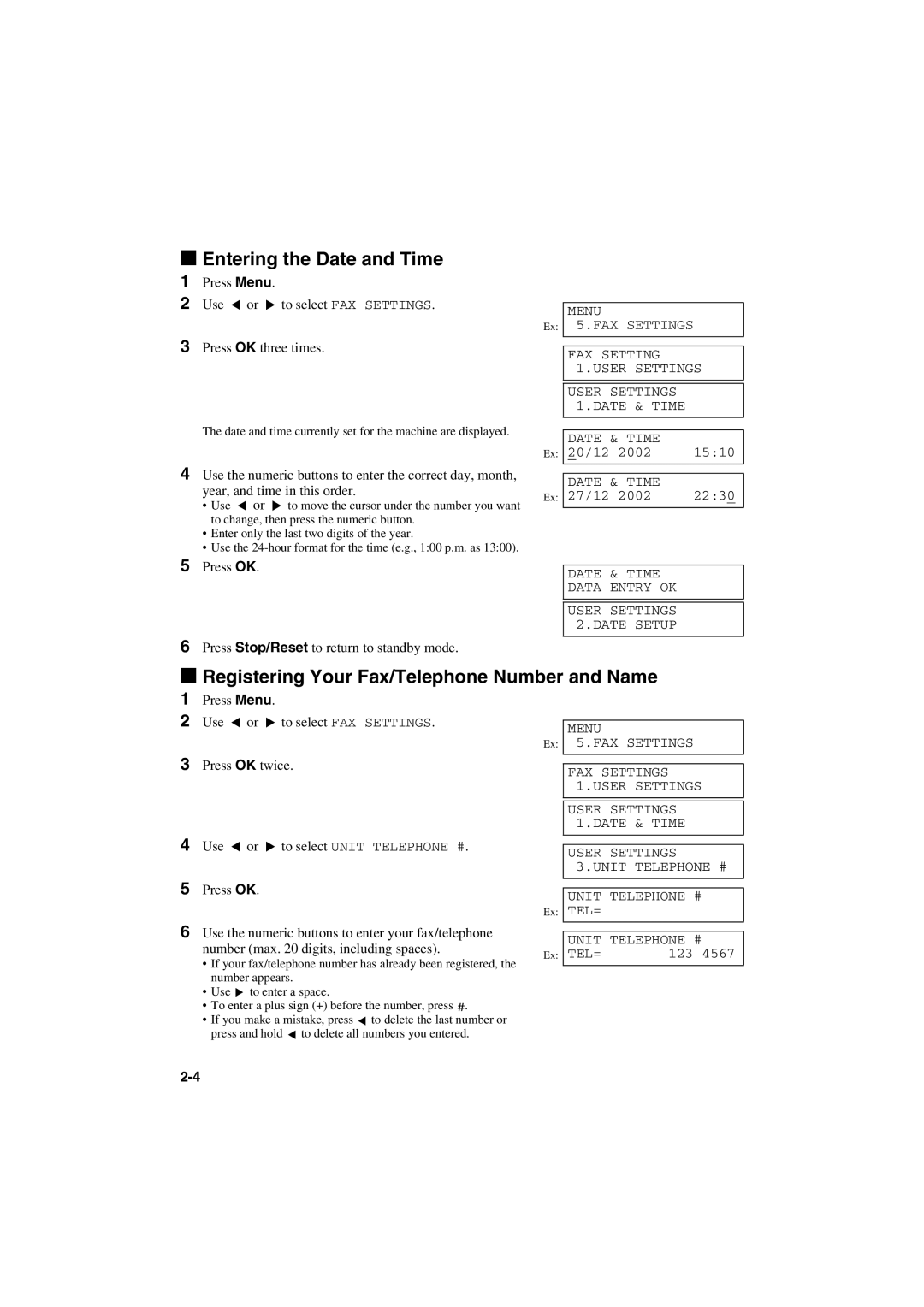 Canon MPC600F/400 manual Entering the Date and Time, Registering Your Fax/Telephone Number and Name, Press Menu Use or 