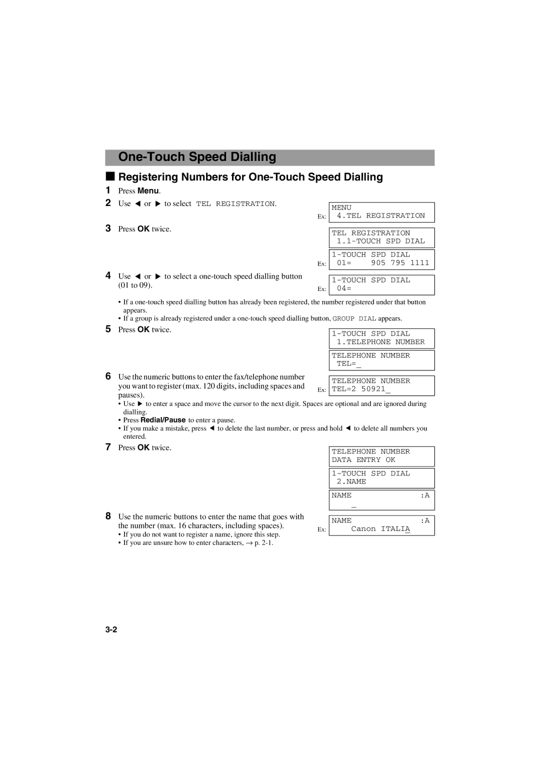 Canon MPC600F/400 manual Registering Numbers for One-Touch Speed Dialling, Number max characters, including spaces 