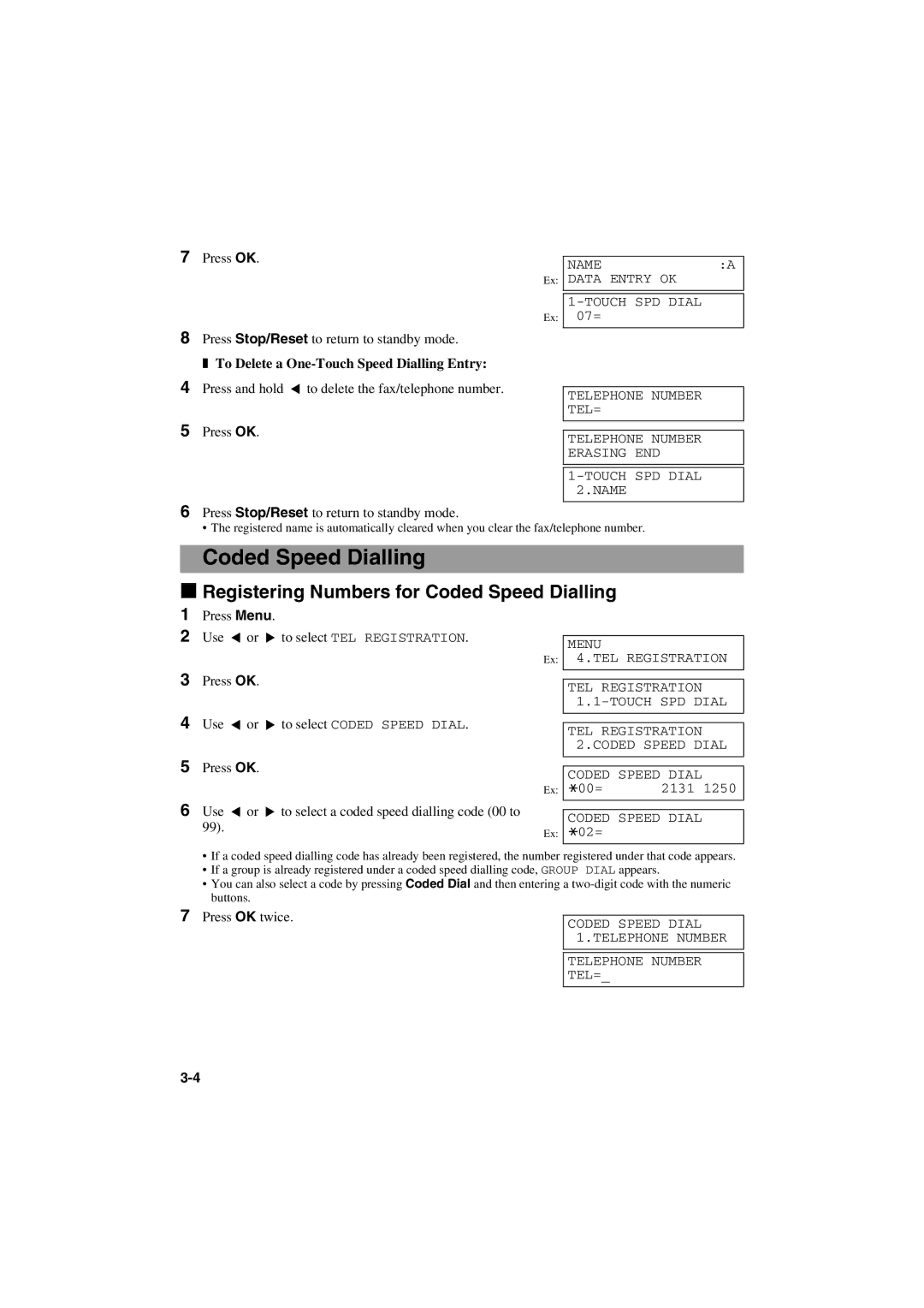 Canon MPC600F/400 manual Registering Numbers for Coded Speed Dialling, To Delete a One-Touch Speed Dialling Entry 