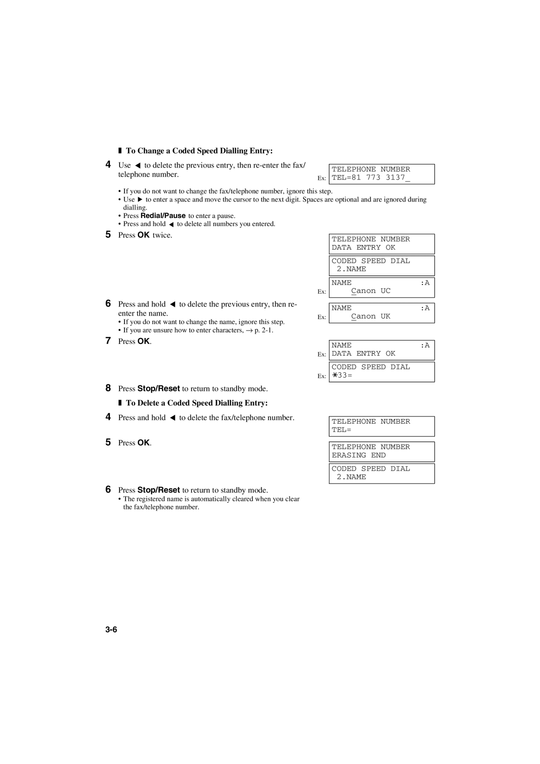 Canon MPC600F/400 manual To Change a Coded Speed Dialling Entry, To Delete a Coded Speed Dialling Entry 