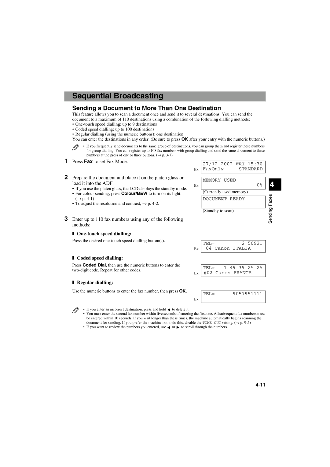 Canon MPC600F/400 manual Sequential Broadcasting, Sending a Document to More Than One Destination, One-touch speed dialling 