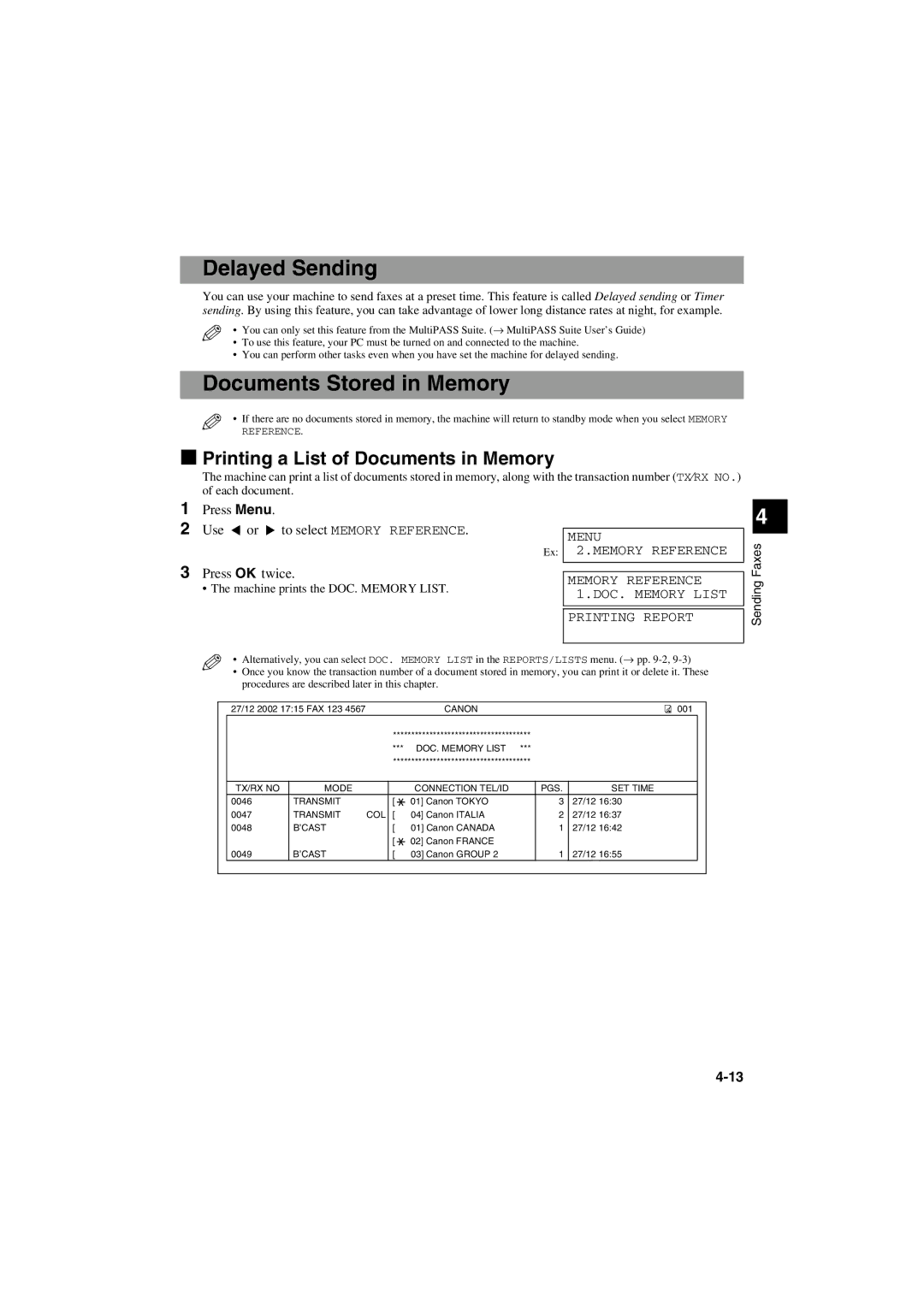 Canon MPC600F/400 manual Delayed Sending, Documents Stored in Memory, Printing a List of Documents in Memory 