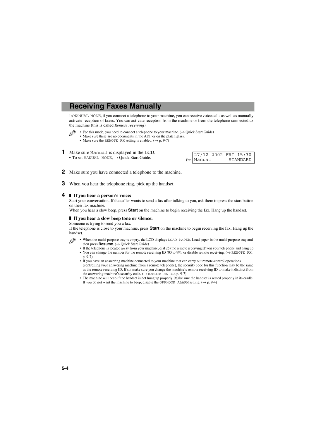 Canon MPC600F/400 manual Receiving Faxes Manually, Make sure Manual is displayed in the LCD, If you hear a person’s voice 