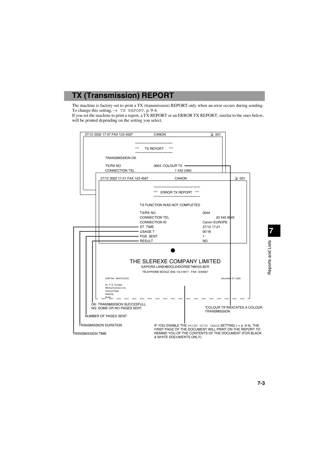 Canon MPC600F/400 manual TX Transmission Report, Slerexe Company Limited 