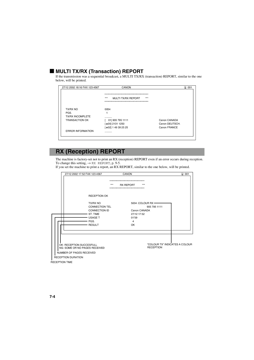 Canon MPC600F/400 manual RX Reception Report, Multi TX/RX Transaction Report 