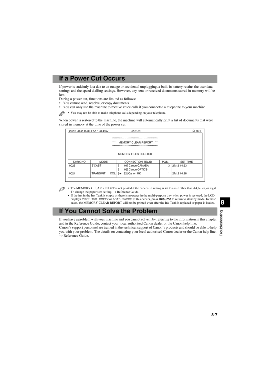 Canon MPC600F/400 manual If a Power Cut Occurs, If You Cannot Solve the Problem 