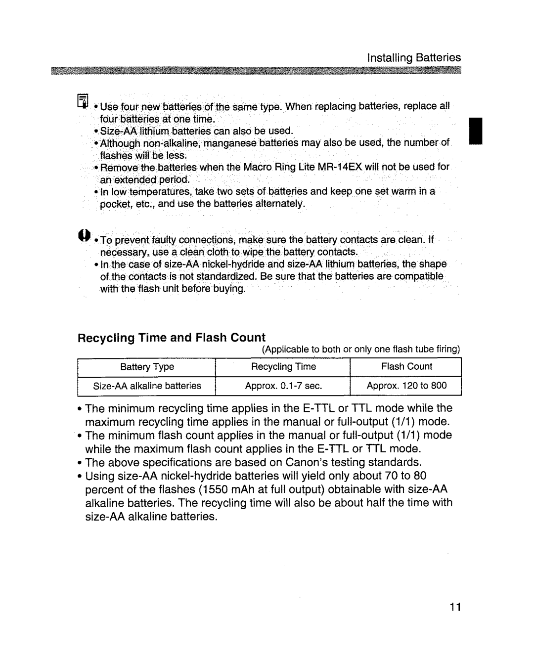 Canon MR-14EXl manual Recycling Time and Flash Count, SiZEAAJithiurnb~tteries can·also be used 