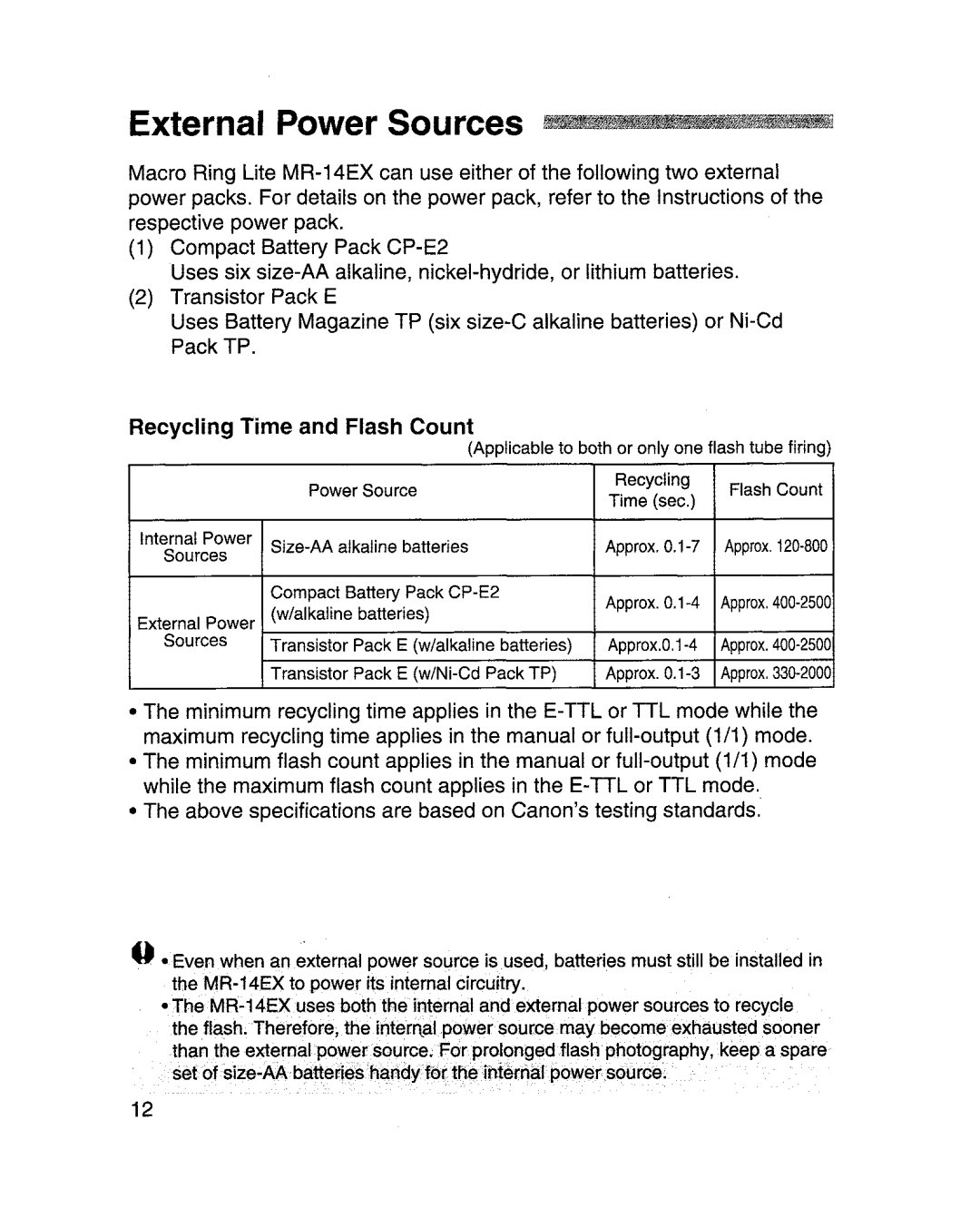 Canon MR-14EXl manual External Power Sources ~~1, Recycling Time and Flash Count 